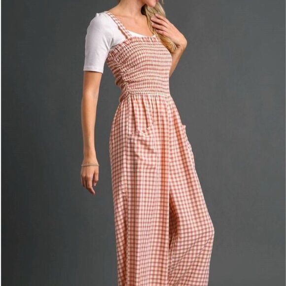 Umgee Women's Orange Gingham Sleeveless Jumpsuit Size M Casual Spring - Picture 1 of 6